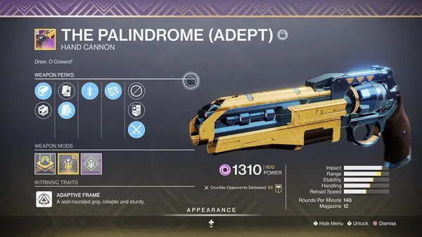 The Palindrome (Adept) God Roll Guide - Best Roll for PvP and PvE